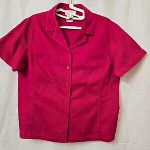 Talbots Red Cotton Camp Shirt, Size M V-Neck Short Sleeves Y2K Vintage
